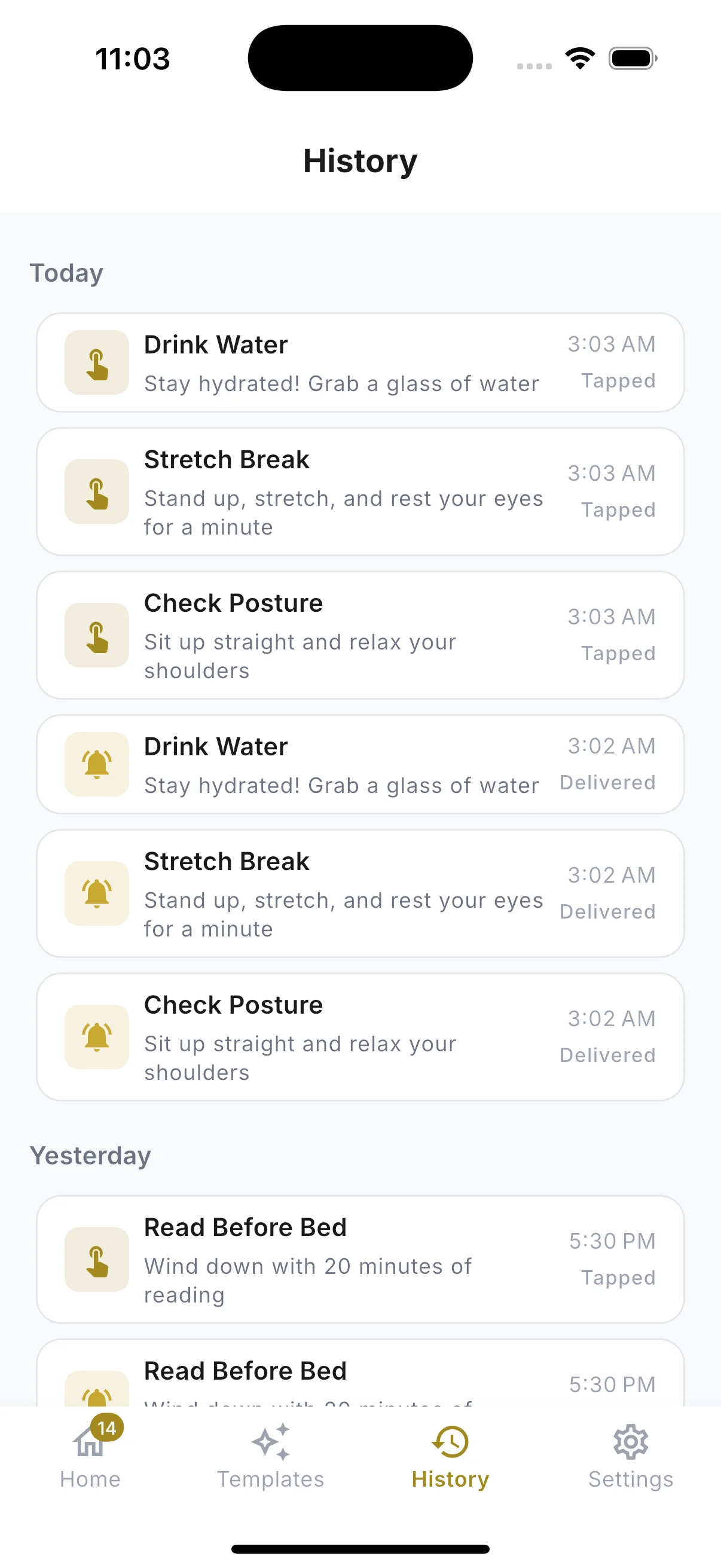 CustomNotify history screen showing delivered and tapped notification log with timestamps