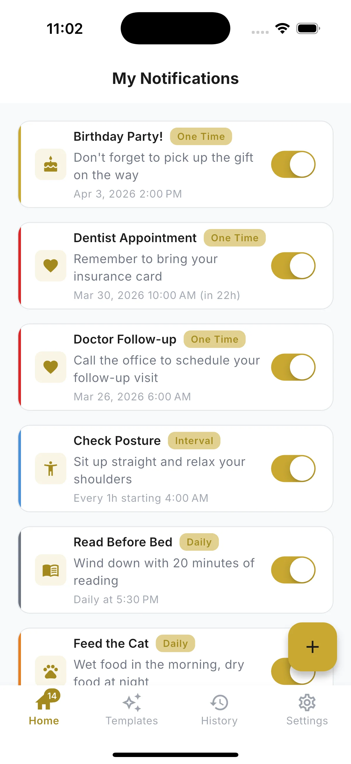 CustomNotify app showing notification list with Birthday Party, Dentist Appointment, Check Posture, and Read Before Bed reminders